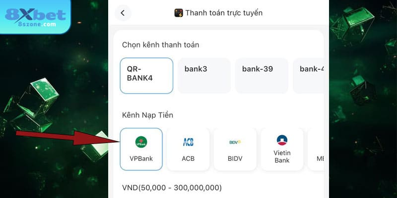Chọn ngân hàng bạn sử dụng trong danh sách kênh nạp tiền 8sbet