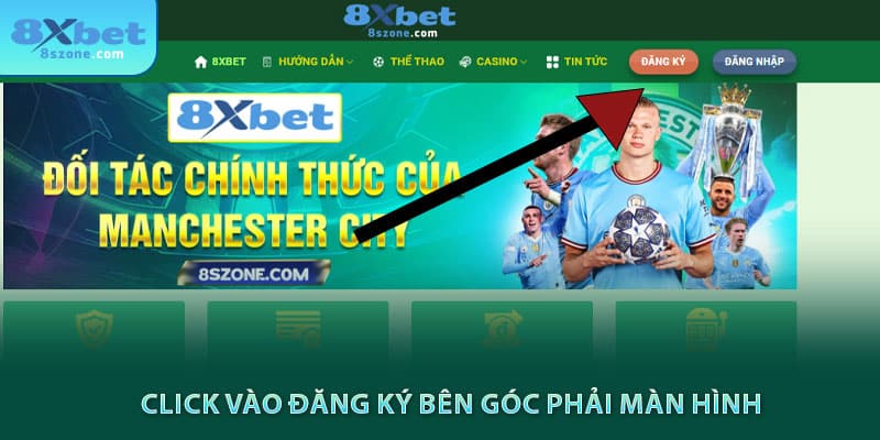 Click vào đăng ký 8sbet trên góc phải màn hình