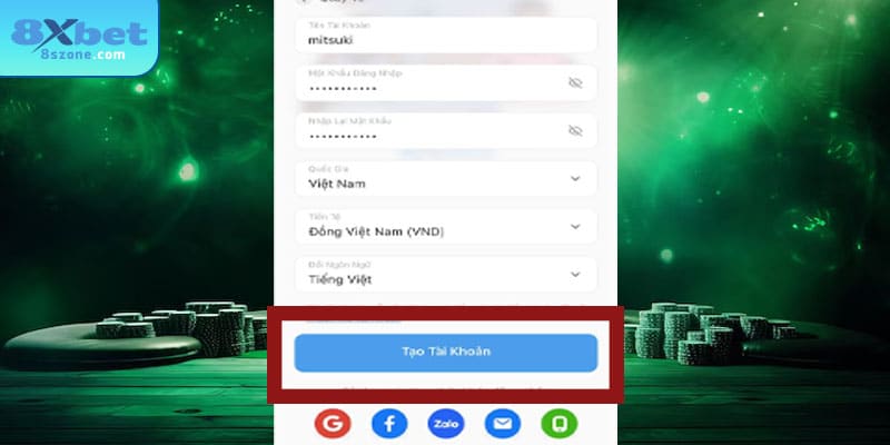 Kiểm tra lại thông tin và tạo tài khoản 8sbet