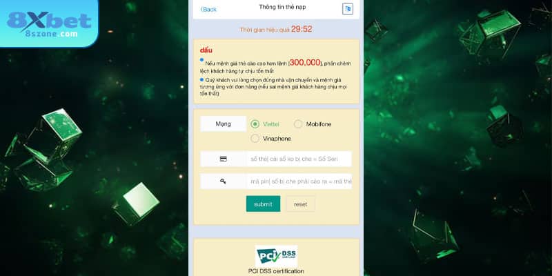 Kiểm tra lại thông tin và bấm nạp thẻ khi dạo dịch với 8sbet