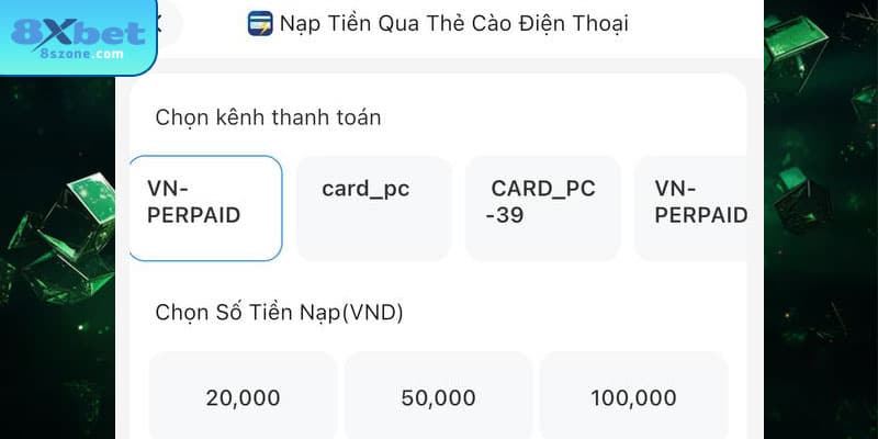 Nhập mệnh giá tương ứng với thẻ cào tại 8sbet