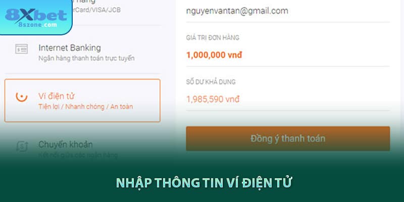 Nhập thông tin ví điện tử 8sbet