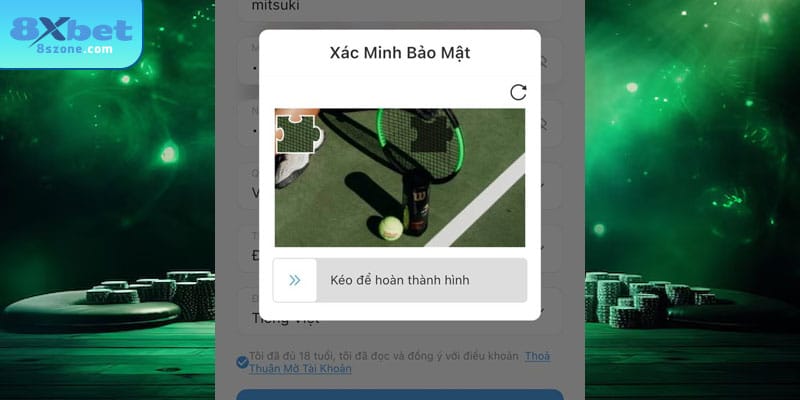 Xác minh mã Captcha sau khi điền đầy đủ thông tin đăng ký 8sbet
