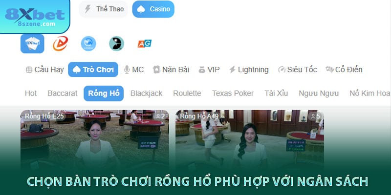 Chọn bàn trò chơi rồng hổ 8sbet phù hợp với ngân sách