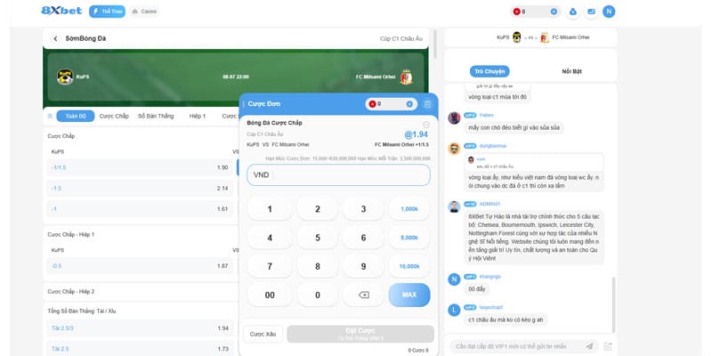 Chọn kèo 8sbet và nhập số tiền đặt cược