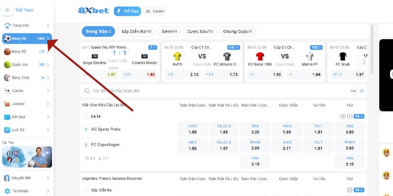 Click vào menu bên trái và chọn các môn thể thao 8sbet mà bạn quan tâm