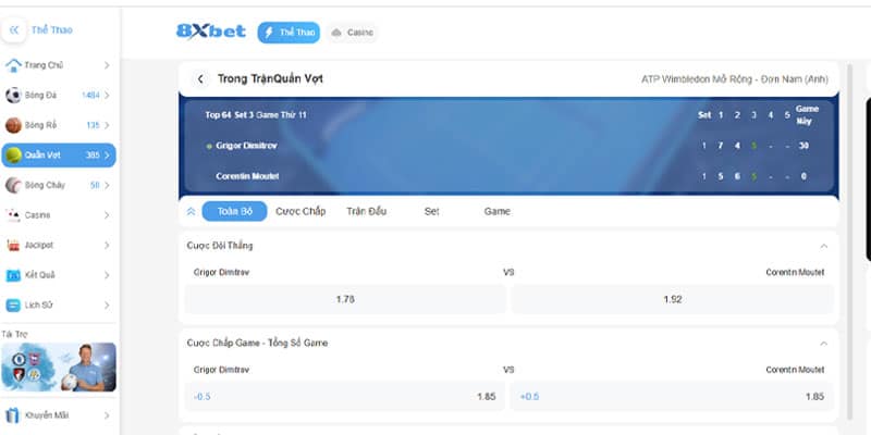 Click vào trận đấu bạn muốn cược tại 8sbet, giao diện sẽ mở lên đầy đủ các loại kèo