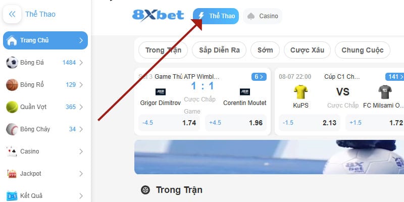 Đăng nhập và chọn thể thao tại 8sbet