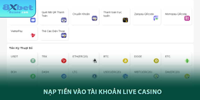 Nạp tiền vào tài khoản live casino 8sbet