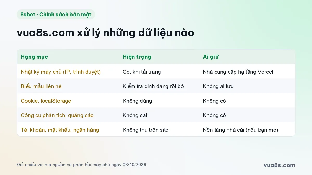 Bảng tóm tắt dữ liệu vua8s.com xử lý: nhật ký máy chủ, biểu mẫu liên hệ, cookie, công cụ phân tích