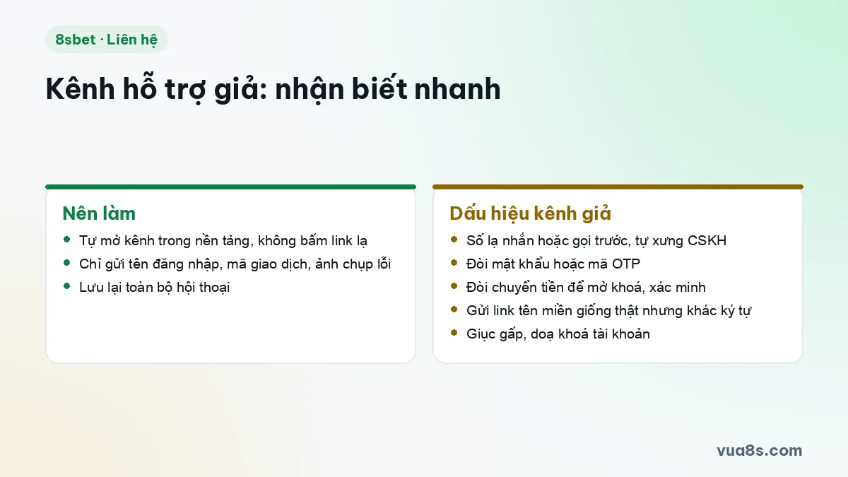 So sánh việc nên làm và dấu hiệu kênh hỗ trợ giả mạo: đòi OTP, đòi chuyển tiền, link lạ
