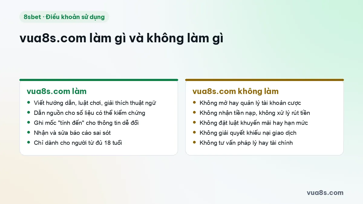 So sánh việc vua8s.com làm và không làm: website thông tin 18+, không phải nhà cái, không nhận tiền cược
